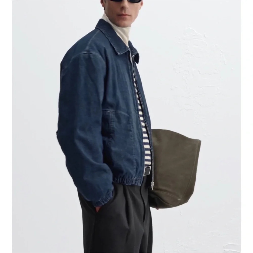 Zara Men’s Quilted Denim Bomber Jacket Blue NWT_5